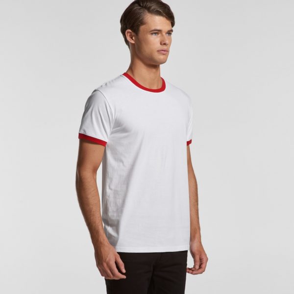 Side view of the AS Colour mens Ringer t-shirt 5053 in white and red.