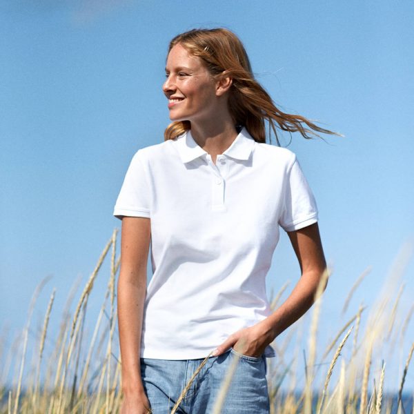 Neutral ladies classic polo O22980 with London printing at Fifth Column UK.