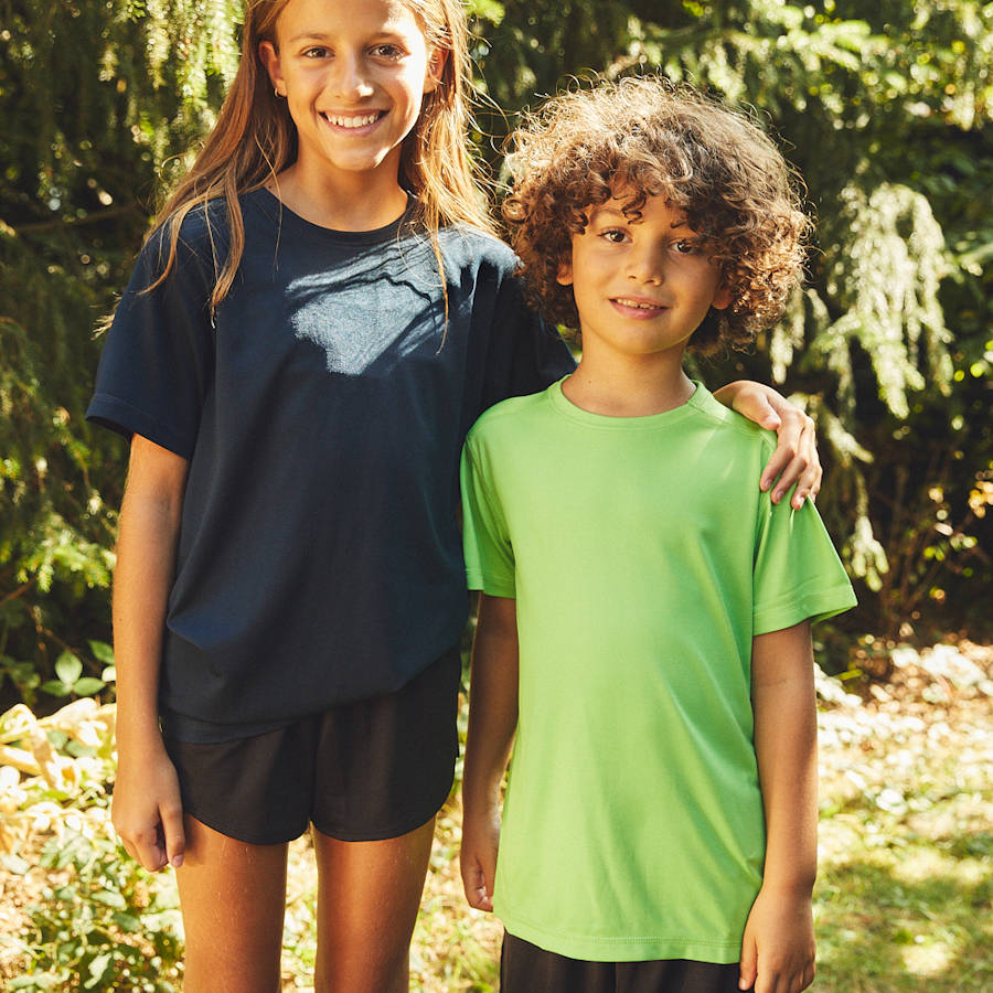 Kids recycled Performance tees, new Neutral plain merchandise for 2023.