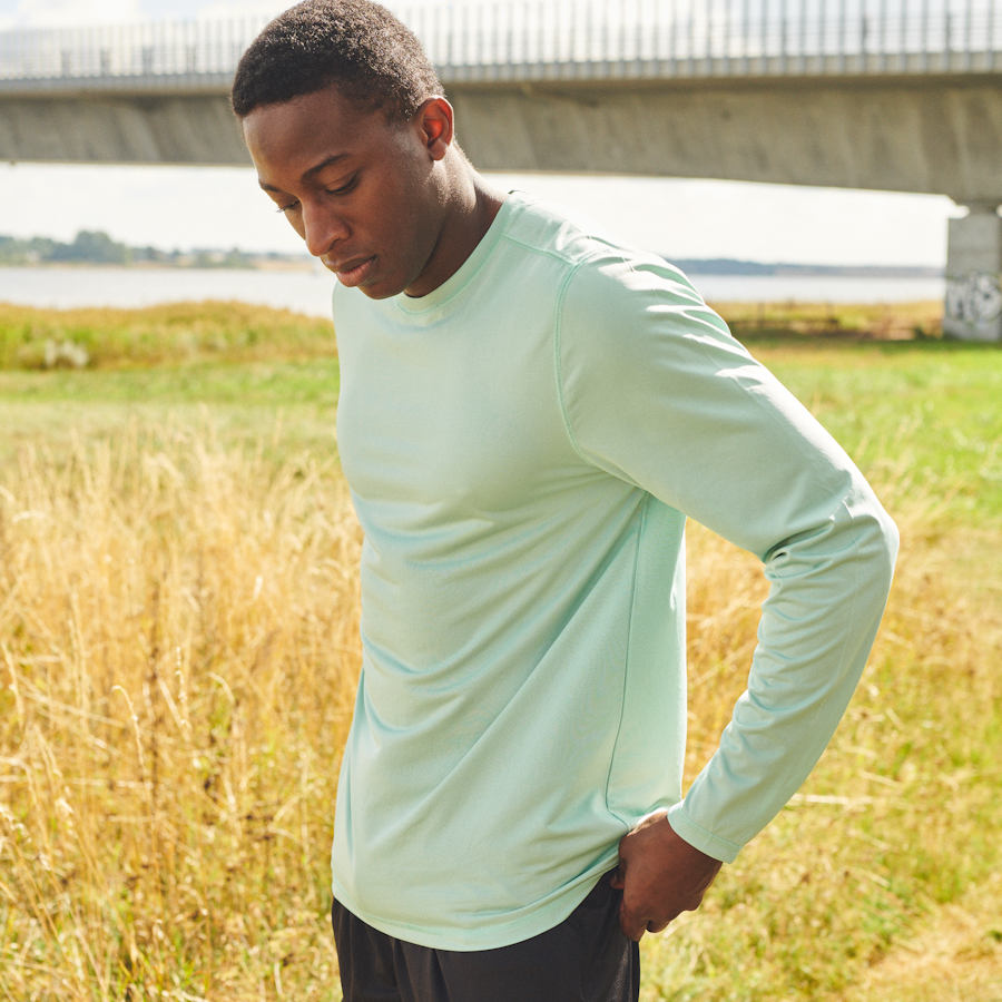 Long sleeve recycled Performance tees, new Neutral plain merchandise for 2023.