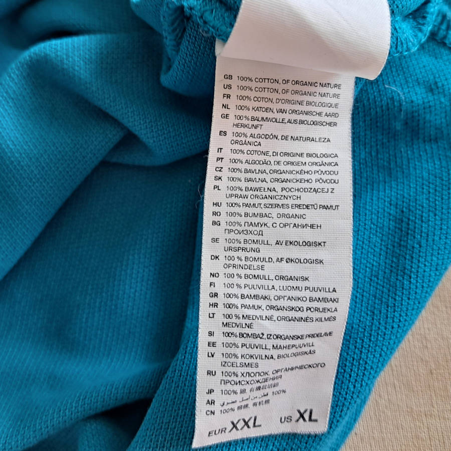 Keep the fabric content label for inside neck label printing.